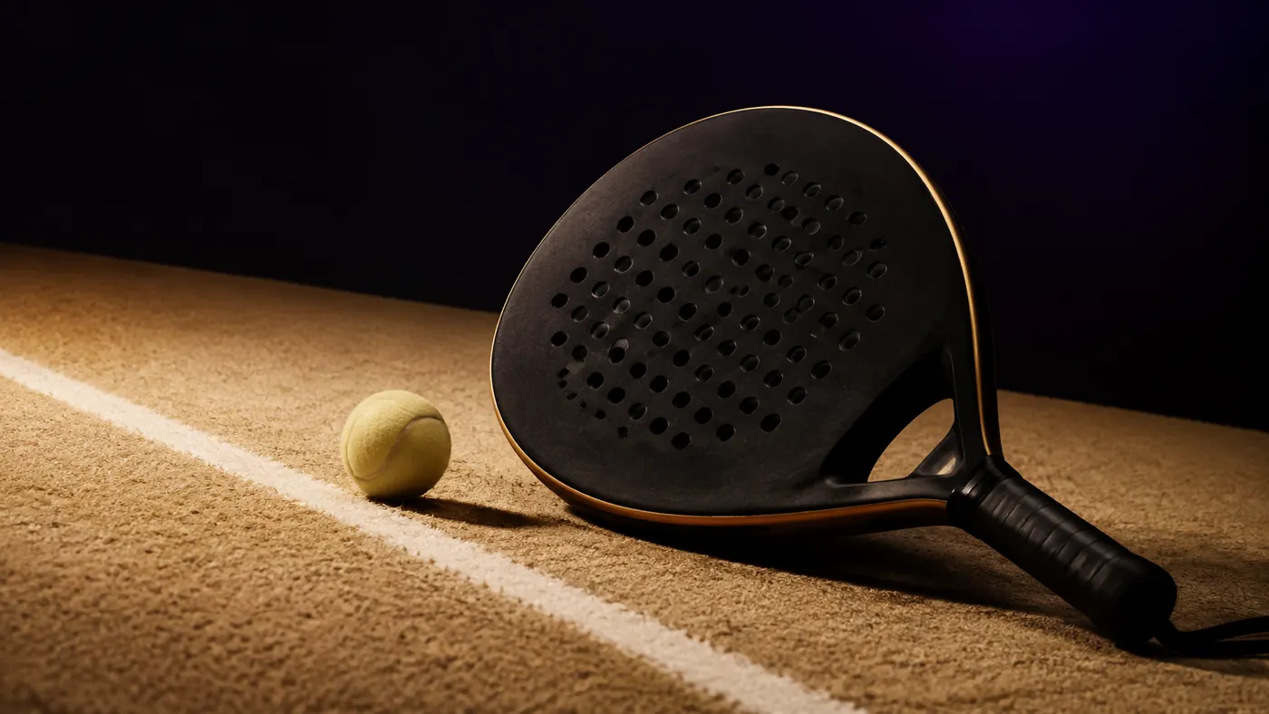 A matte black padel racket with a gold edge and a ball on sand-coloured turf